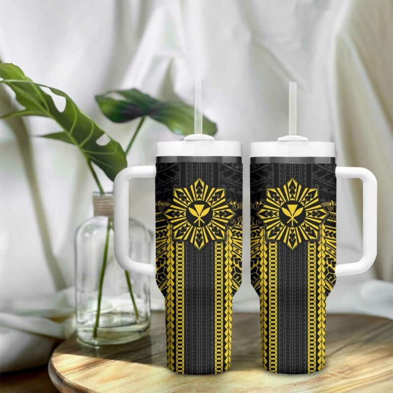 Hawaii And Philippines Together Polynesian With Filipino Barong Gold Custom Stanley Quencher 40oz Stainless Steel Tumbler With Handle - Threewoofs - Image 9
