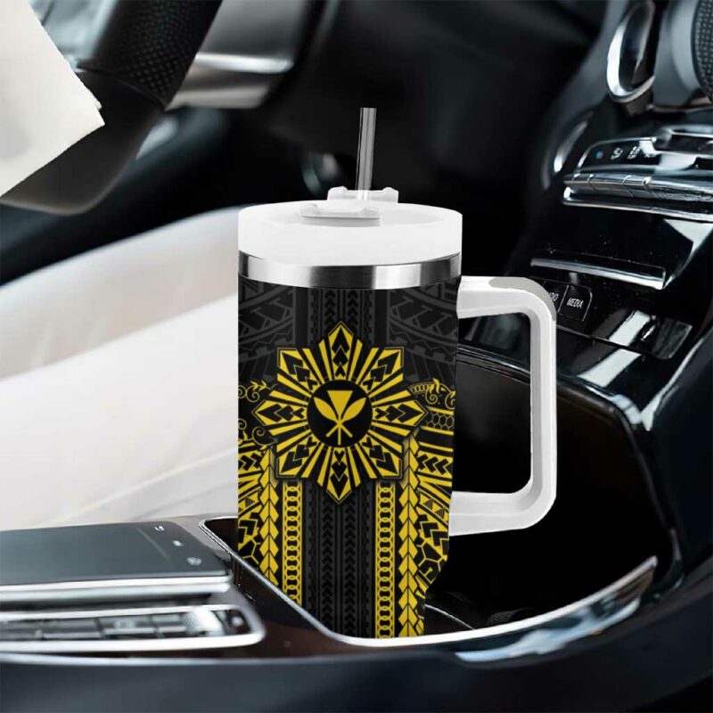 Hawaii And Philippines Together Polynesian With Filipino Barong Gold Custom Stanley Quencher 40oz Stainless Steel Tumbler With Handle - Threewoofs - Image 8