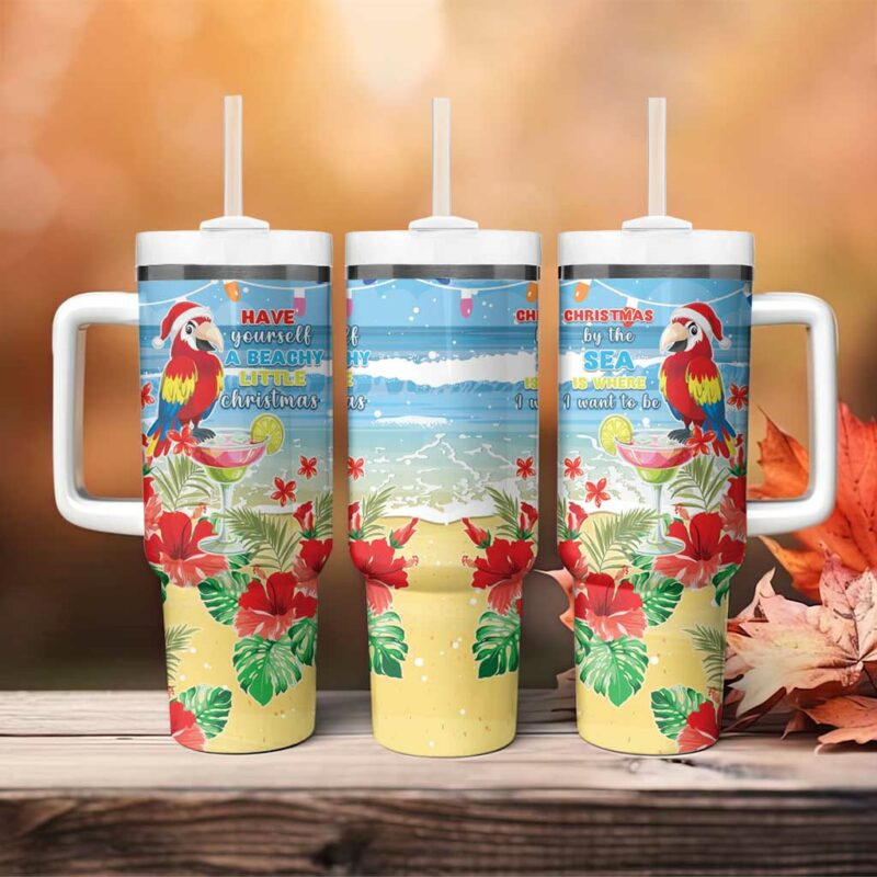 Hawaii Christmas Funny Macaw Parrot Tropical Custom Stanley Quencher 40oz Stainless Steel Tumbler With Handle - Threewoofs - Image 4