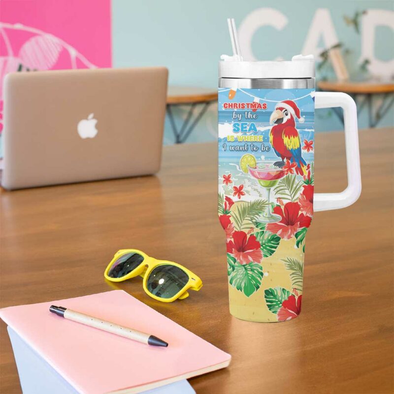 Hawaii Christmas Funny Macaw Parrot Tropical Custom Stanley Quencher 40oz Stainless Steel Tumbler With Handle - Threewoofs - Image 5