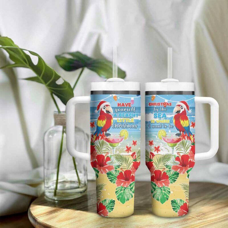 Hawaii Christmas Funny Macaw Parrot Tropical Custom Stanley Quencher 40oz Stainless Steel Tumbler With Handle - Threewoofs - Image 9