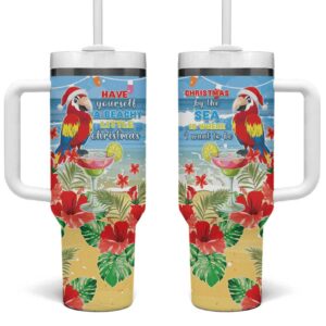 Hawaii Christmas Funny Macaw Parrot Tropical Custom Stanley Quencher 40oz Stainless Steel Tumbler With Handle - Threewoofs