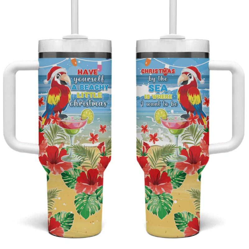 Hawaii Christmas Funny Macaw Parrot Tropical Custom Stanley Quencher 40oz Stainless Steel Tumbler With Handle - Threewoofs