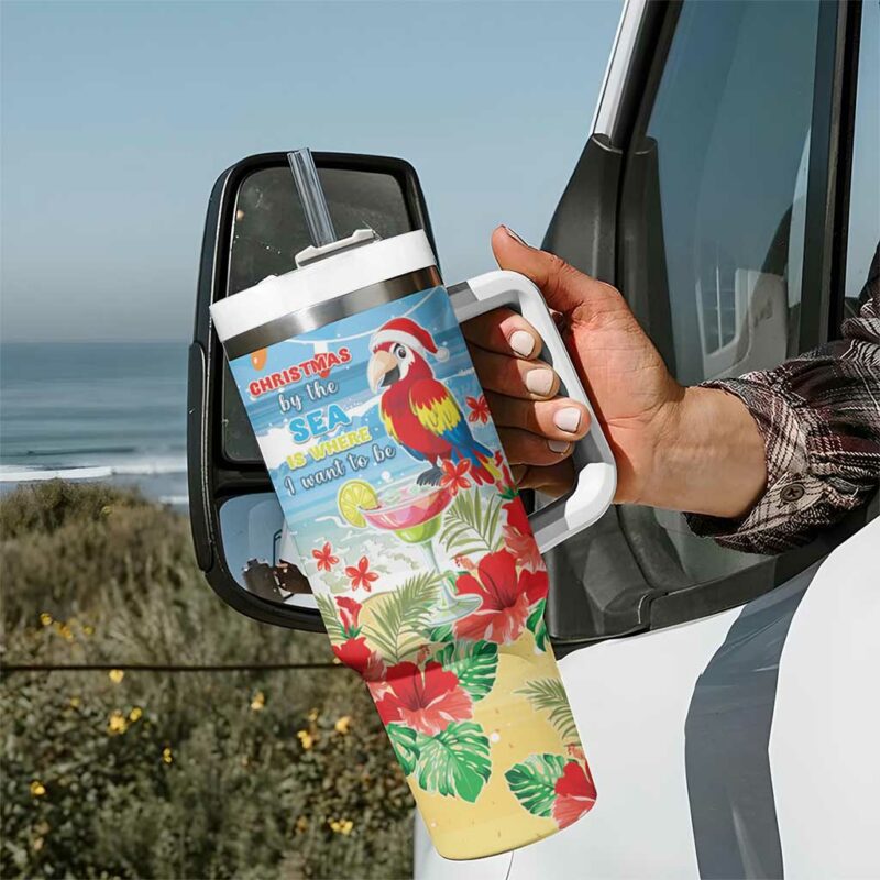 Hawaii Christmas Funny Macaw Parrot Tropical Custom Stanley Quencher 40oz Stainless Steel Tumbler With Handle - Threewoofs - Image 7