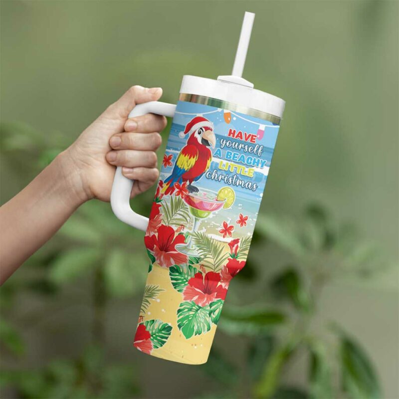 Hawaii Christmas Funny Macaw Parrot Tropical Custom Stanley Quencher 40oz Stainless Steel Tumbler With Handle - Threewoofs - Image 3