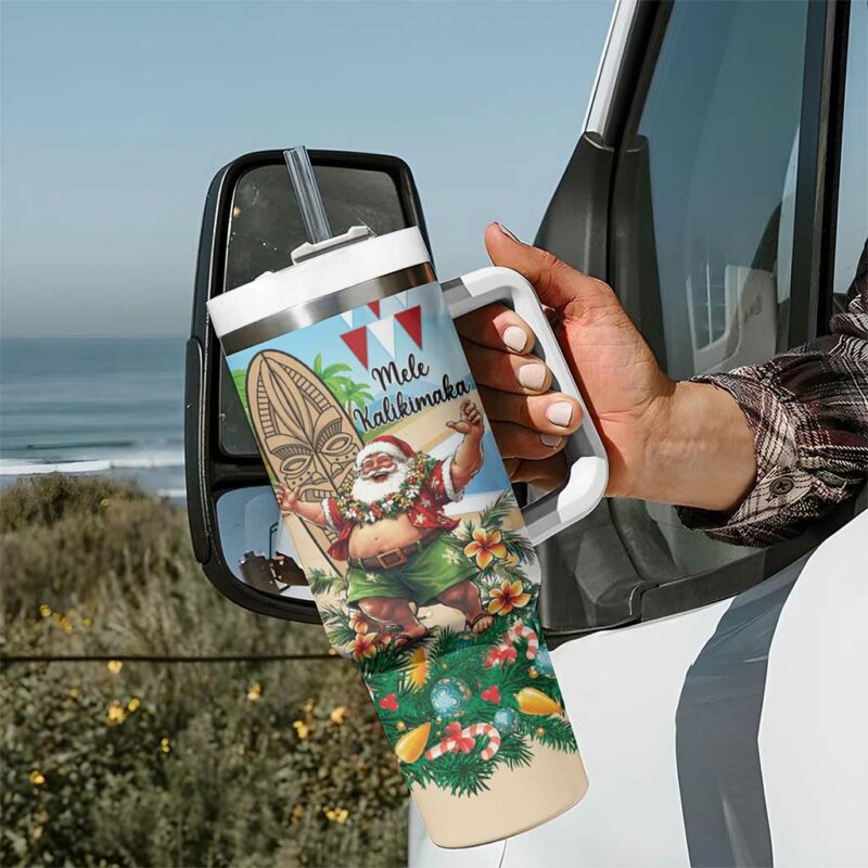 Hawaii Christmas Santa Claus Mele Kalikimaka Tropical Beach Custom Stanley Quencher 40oz Stainless Steel Tumbler With Handle - Threewoofs - Image 7