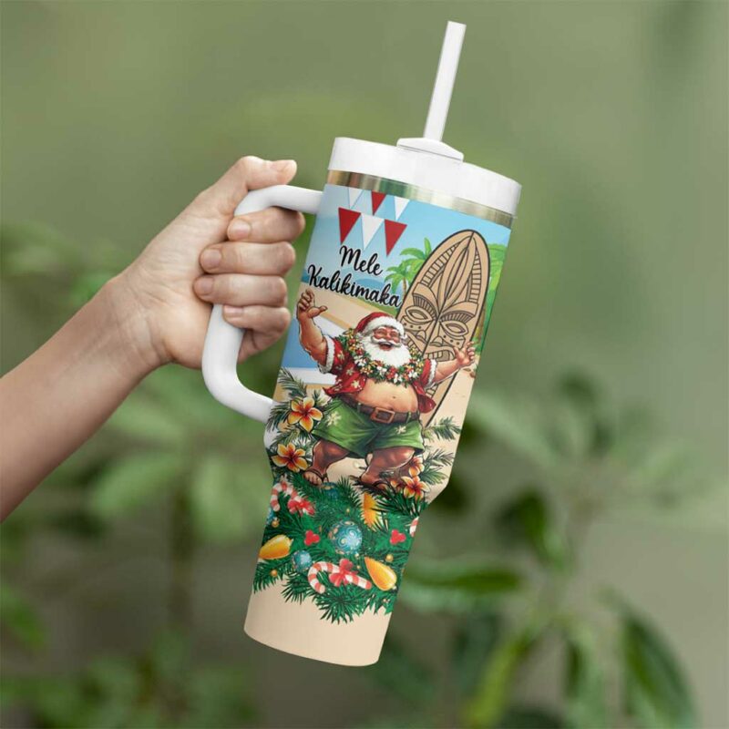 Hawaii Christmas Santa Claus Mele Kalikimaka Tropical Beach Custom Stanley Quencher 40oz Stainless Steel Tumbler With Handle - Threewoofs - Image 3