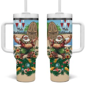 Hawaii Christmas Santa Claus Mele Kalikimaka Tropical Beach Custom Stanley Quencher 40oz Stainless Steel Tumbler With Handle - Threewoofs