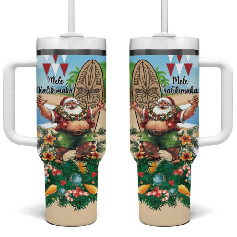 Hawaii Christmas Santa Claus Mele Kalikimaka Tropical Beach Custom Stanley Quencher 40oz Stainless Steel Tumbler With Handle - Threewoofs