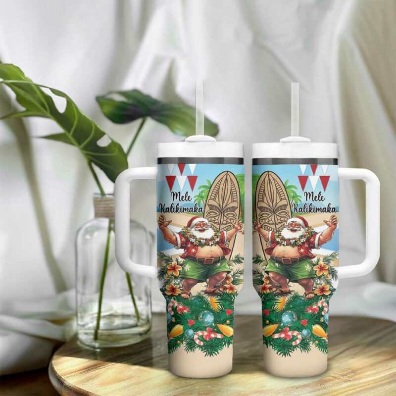 Hawaii Christmas Santa Claus Mele Kalikimaka Tropical Beach Custom Stanley Quencher 40oz Stainless Steel Tumbler With Handle - Threewoofs - Image 9