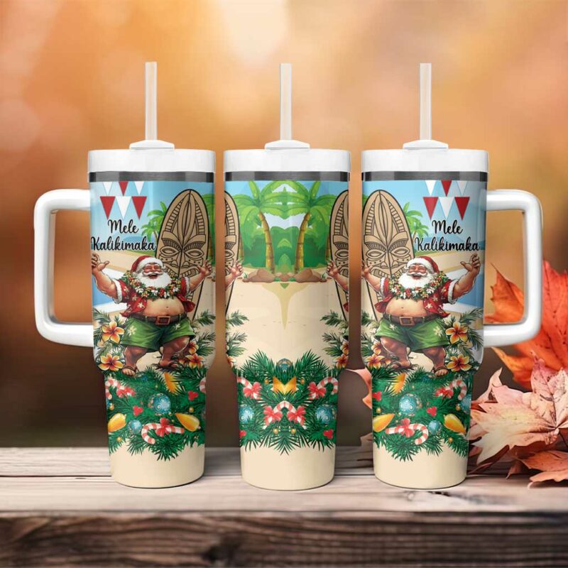Hawaii Christmas Santa Claus Mele Kalikimaka Tropical Beach Custom Stanley Quencher 40oz Stainless Steel Tumbler With Handle - Threewoofs - Image 4