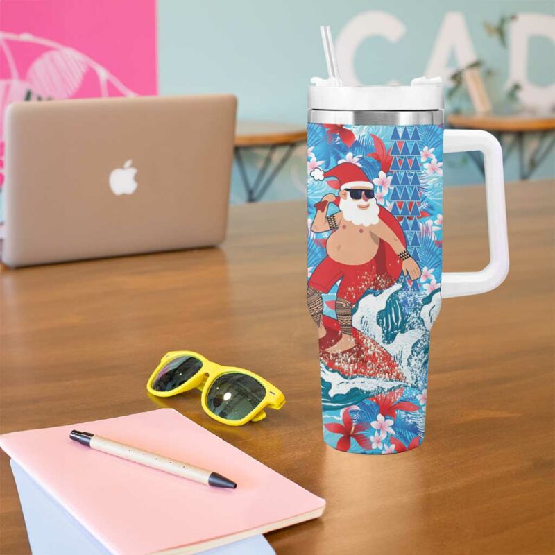 Hawaii Christmas Santa Claus Surfing Kakau Tropical Custom Stanley Quencher 40oz Stainless Steel Tumbler With Handle - Threewoofs - Image 5