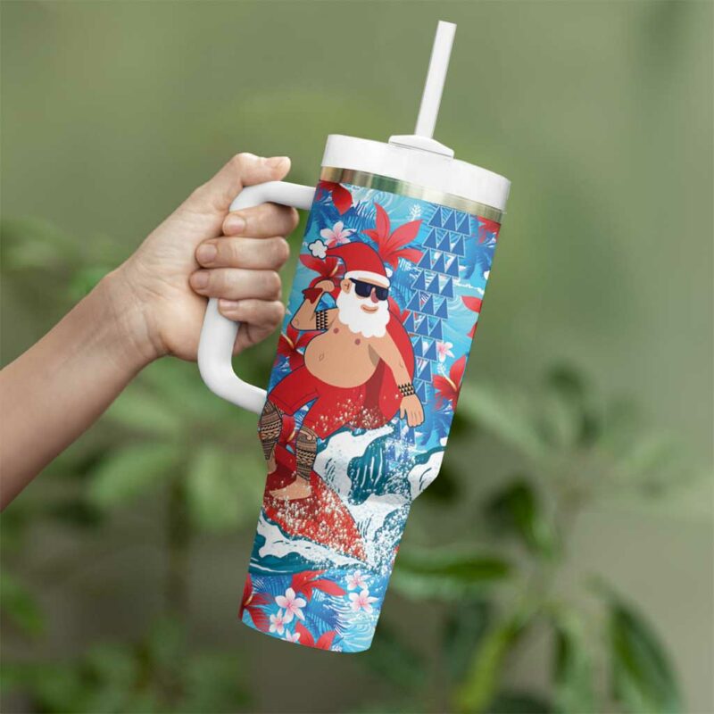 Hawaii Christmas Santa Claus Surfing Kakau Tropical Custom Stanley Quencher 40oz Stainless Steel Tumbler With Handle - Threewoofs - Image 3