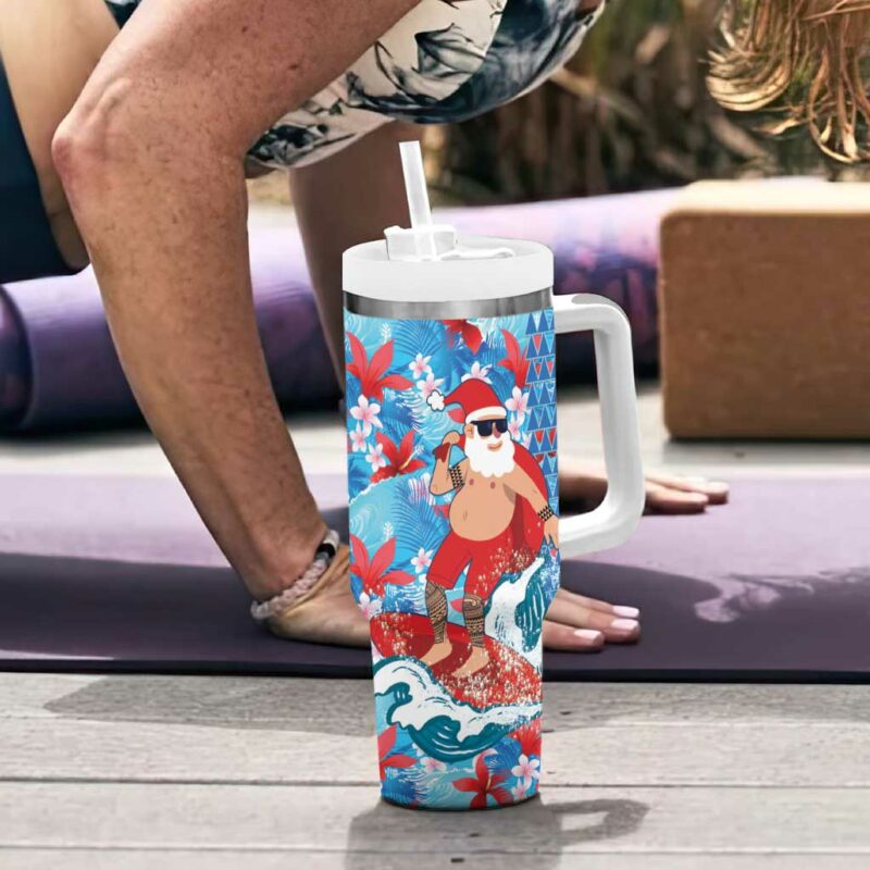 Hawaii Christmas Santa Claus Surfing Kakau Tropical Custom Stanley Quencher 40oz Stainless Steel Tumbler With Handle - Threewoofs - Image 6