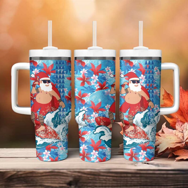 Hawaii Christmas Santa Claus Surfing Kakau Tropical Custom Stanley Quencher 40oz Stainless Steel Tumbler With Handle - Threewoofs - Image 4
