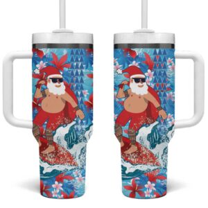 Hawaii Christmas Santa Claus Surfing Kakau Tropical Custom Stanley Quencher 40oz Stainless Steel Tumbler With Handle - Threewoofs