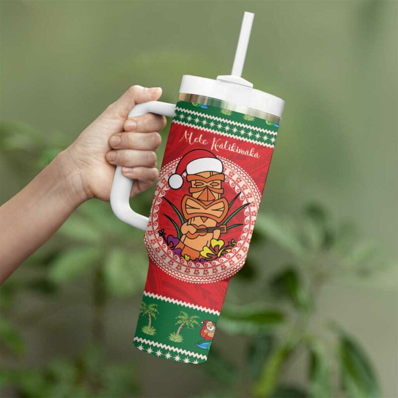 Hawaii Christmas Tiki Santa Mele Kalikimaka Custom Stanley Quencher 40oz Stainless Steel Tumbler With Handle - Threewoofs - Image 3