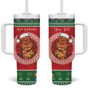 Hawaii Christmas Tiki Santa Mele Kalikimaka Custom Stanley Quencher 40oz Stainless Steel Tumbler With Handle - Threewoofs