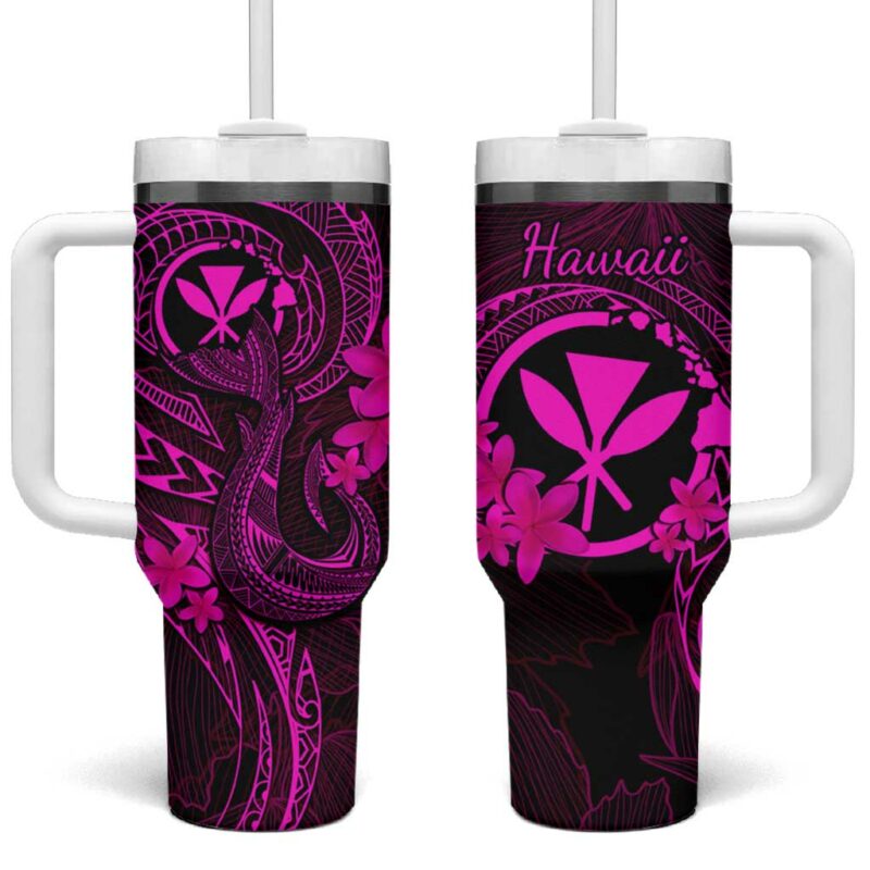 Hawaii Fish Hook Tattoo Mix Polynesian Plumeria Pink Custom Stanley Quencher 40oz Stainless Steel Tumbler With Handle - Threewoofs