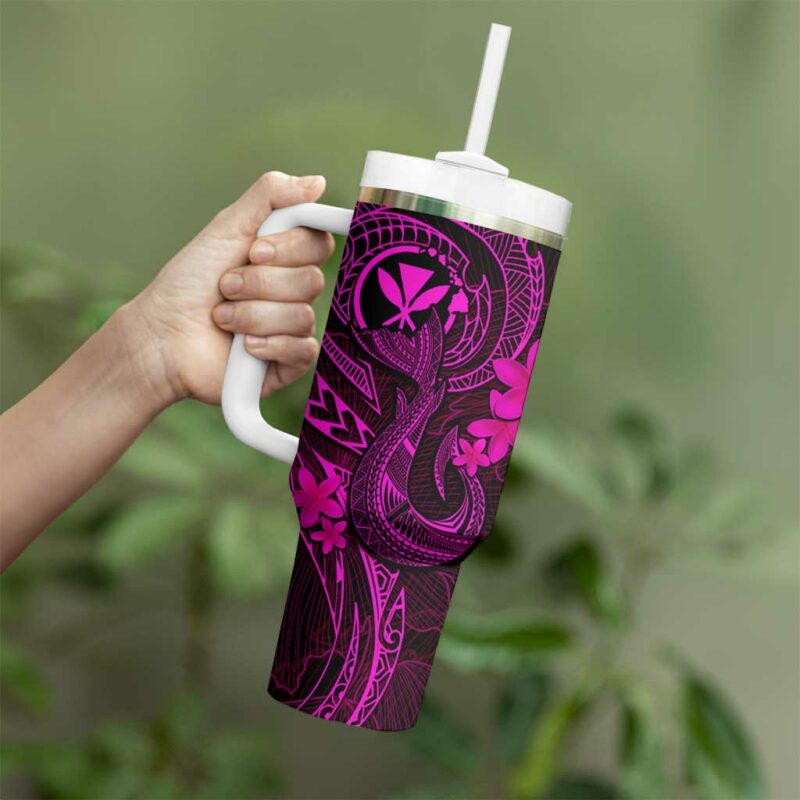 Hawaii Fish Hook Tattoo Mix Polynesian Plumeria Pink Custom Stanley Quencher 40oz Stainless Steel Tumbler With Handle - Threewoofs - Image 3