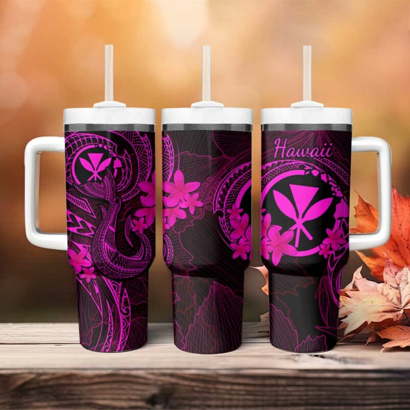 Hawaii Fish Hook Tattoo Mix Polynesian Plumeria Pink Custom Stanley Quencher 40oz Stainless Steel Tumbler With Handle - Threewoofs - Image 4