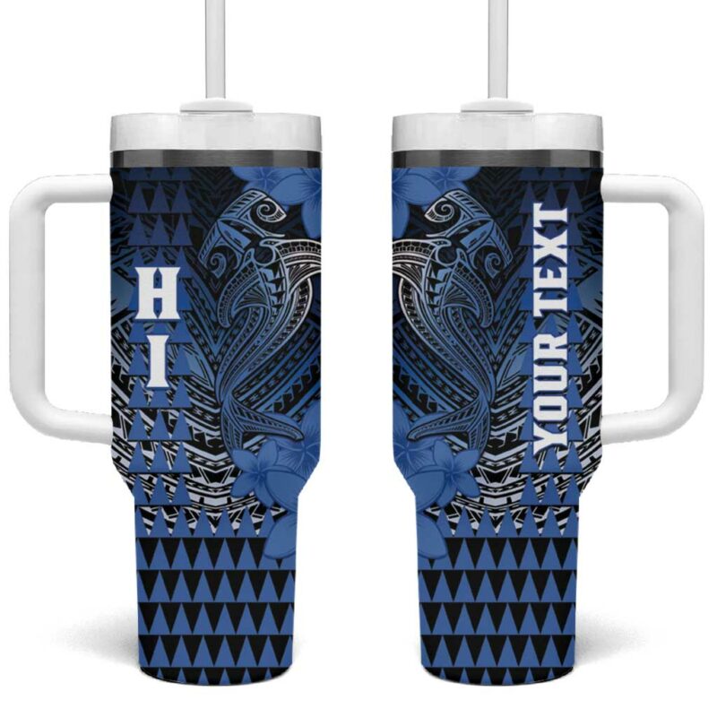 Hawaii Hammerhead Shark Kakau Polynesian Tribal Blue Custom Stanley Quencher 40oz Stainless Steel Tumbler With Handle - Threewoofs