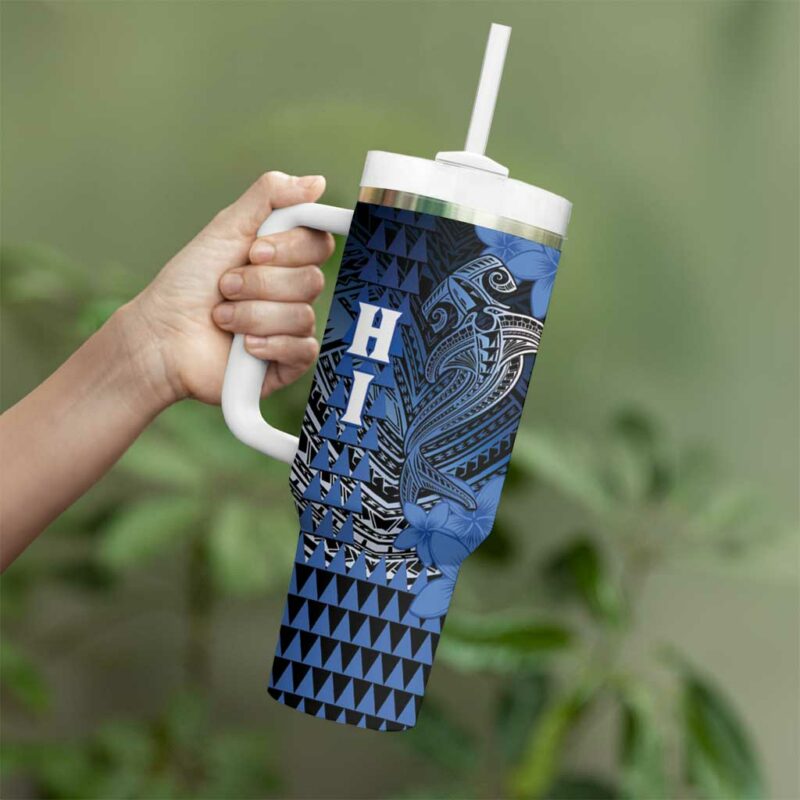 Hawaii Hammerhead Shark Kakau Polynesian Tribal Blue Custom Stanley Quencher 40oz Stainless Steel Tumbler With Handle - Threewoofs - Image 3