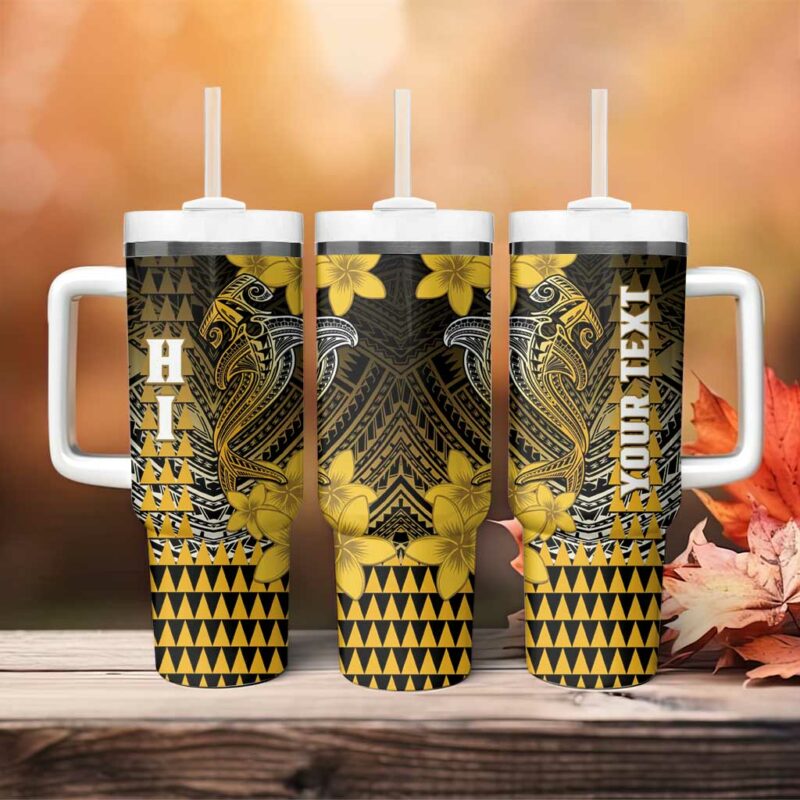 Hawaii Hammerhead Shark Kakau Polynesian Tribal Gold Custom Stanley Quencher 40oz Stainless Steel Tumbler With Handle - Threewoofs - Image 4