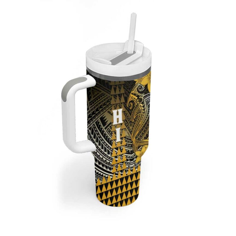 Hawaii Hammerhead Shark Kakau Polynesian Tribal Gold Custom Stanley Quencher 40oz Stainless Steel Tumbler With Handle - Threewoofs - Image 2