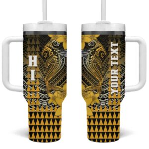 Hawaii Hammerhead Shark Kakau Polynesian Tribal Gold Custom Stanley Quencher 40oz Stainless Steel Tumbler With Handle - Threewoofs