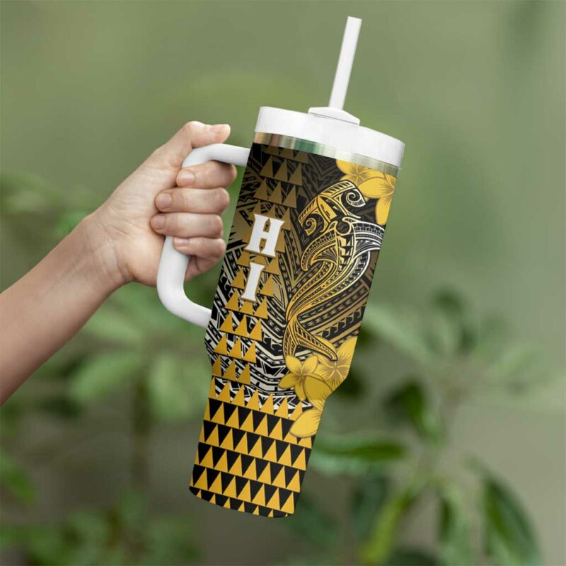 Hawaii Hammerhead Shark Kakau Polynesian Tribal Gold Custom Stanley Quencher 40oz Stainless Steel Tumbler With Handle - Threewoofs - Image 3