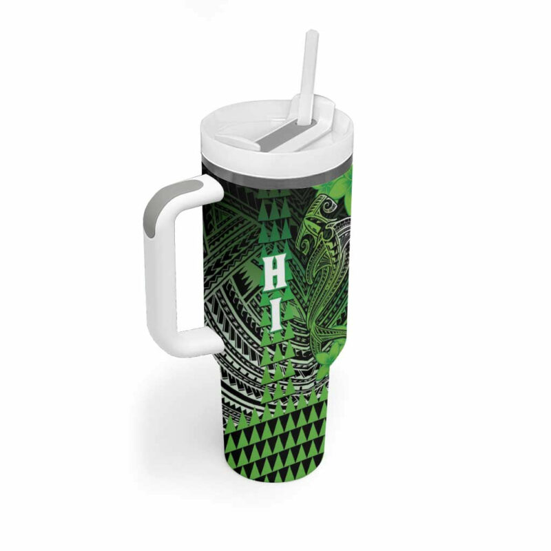 Hawaii Hammerhead Shark Kakau Polynesian Tribal Green Custom Stanley Quencher 40oz Stainless Steel Tumbler With Handle - Threewoofs - Image 2