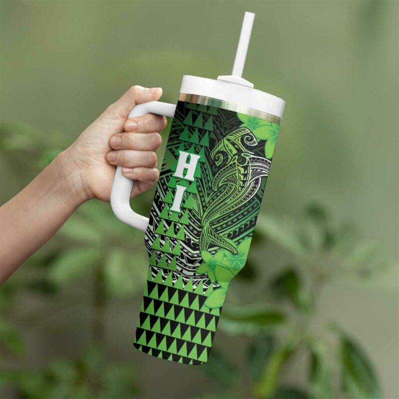 Hawaii Hammerhead Shark Kakau Polynesian Tribal Green Custom Stanley Quencher 40oz Stainless Steel Tumbler With Handle - Threewoofs - Image 3