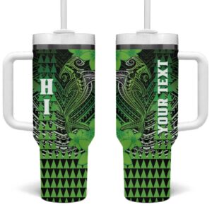 Hawaii Hammerhead Shark Kakau Polynesian Tribal Green Custom Stanley Quencher 40oz Stainless Steel Tumbler With Handle - Threewoofs