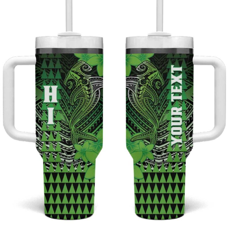 Hawaii Hammerhead Shark Kakau Polynesian Tribal Green Custom Stanley Quencher 40oz Stainless Steel Tumbler With Handle - Threewoofs
