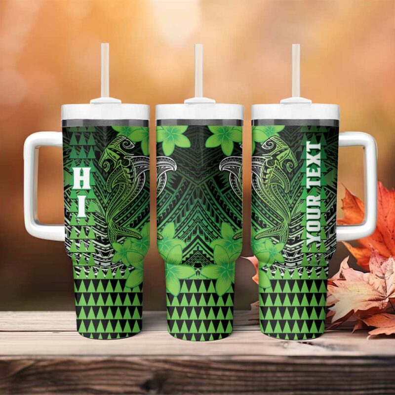 Hawaii Hammerhead Shark Kakau Polynesian Tribal Green Custom Stanley Quencher 40oz Stainless Steel Tumbler With Handle - Threewoofs - Image 4