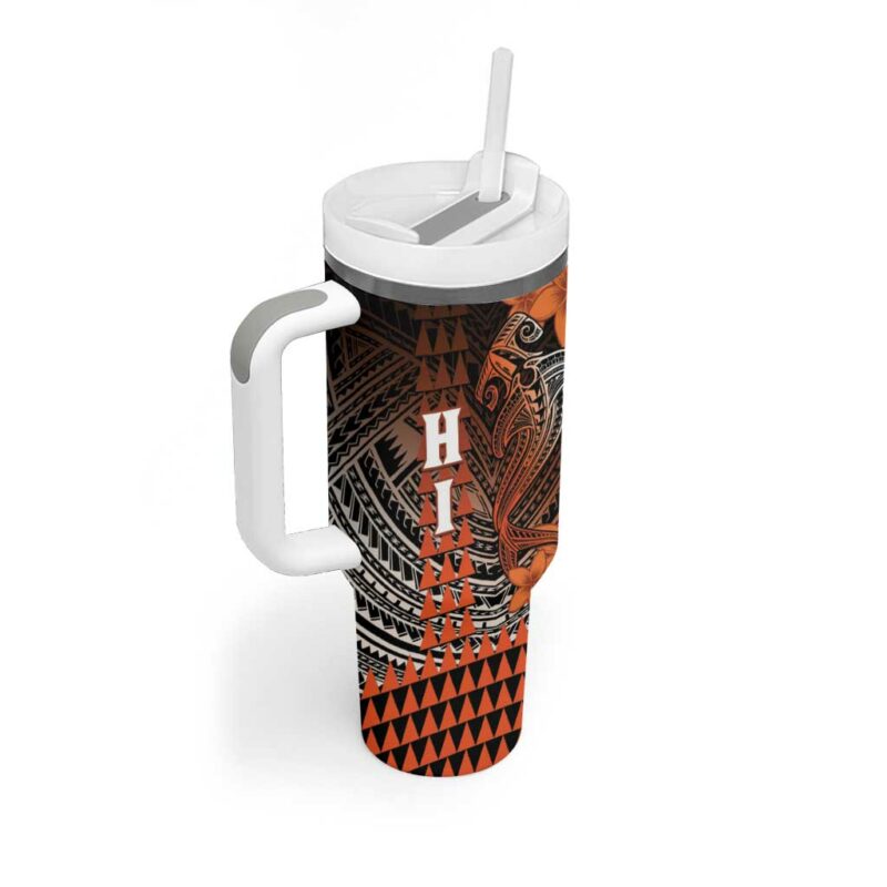 Hawaii Hammerhead Shark Kakau Polynesian Tribal Orange Custom Stanley Quencher 40oz Stainless Steel Tumbler With Handle - Threewoofs - Image 2