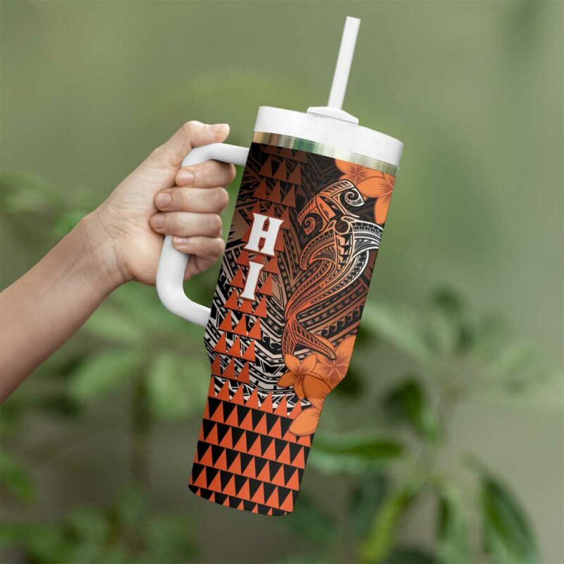 Hawaii Hammerhead Shark Kakau Polynesian Tribal Orange Custom Stanley Quencher 40oz Stainless Steel Tumbler With Handle - Threewoofs - Image 3