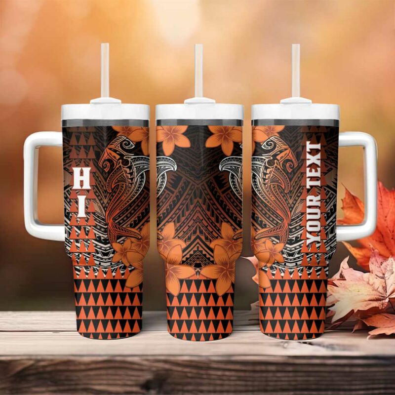 Hawaii Hammerhead Shark Kakau Polynesian Tribal Orange Custom Stanley Quencher 40oz Stainless Steel Tumbler With Handle - Threewoofs - Image 4