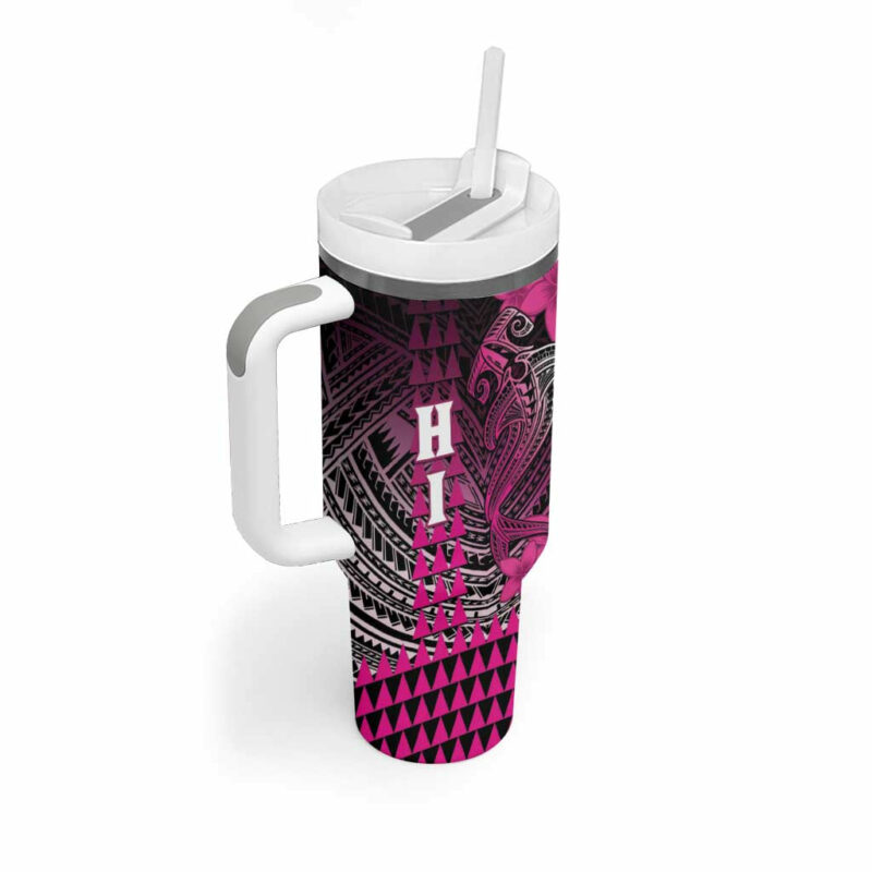 Hawaii Hammerhead Shark Kakau Polynesian Tribal Pink Custom Stanley Quencher 40oz Stainless Steel Tumbler With Handle - Threewoofs - Image 2