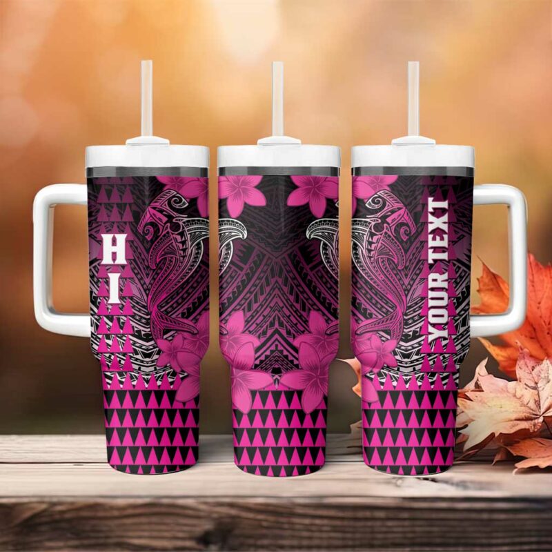 Hawaii Hammerhead Shark Kakau Polynesian Tribal Pink Custom Stanley Quencher 40oz Stainless Steel Tumbler With Handle - Threewoofs - Image 4