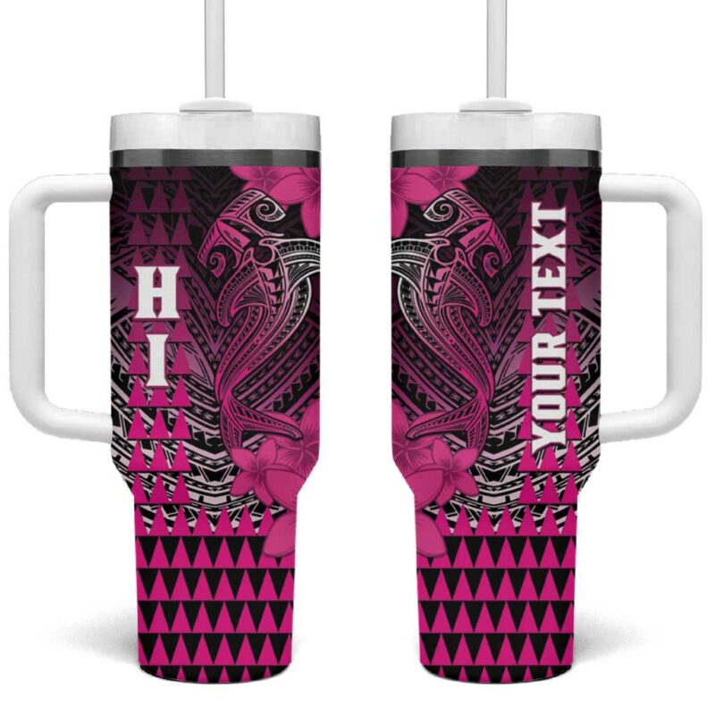 Hawaii Hammerhead Shark Kakau Polynesian Tribal Pink Custom Stanley Quencher 40oz Stainless Steel Tumbler With Handle - Threewoofs