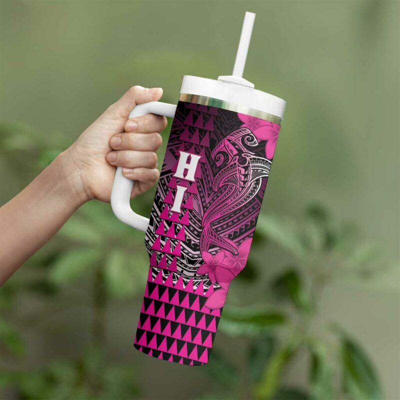 Hawaii Hammerhead Shark Kakau Polynesian Tribal Pink Custom Stanley Quencher 40oz Stainless Steel Tumbler With Handle - Threewoofs - Image 3