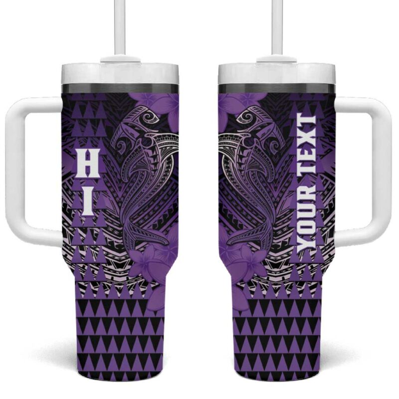 Hawaii Hammerhead Shark Kakau Polynesian Tribal Purple Custom Stanley Quencher 40oz Stainless Steel Tumbler With Handle - Threewoofs