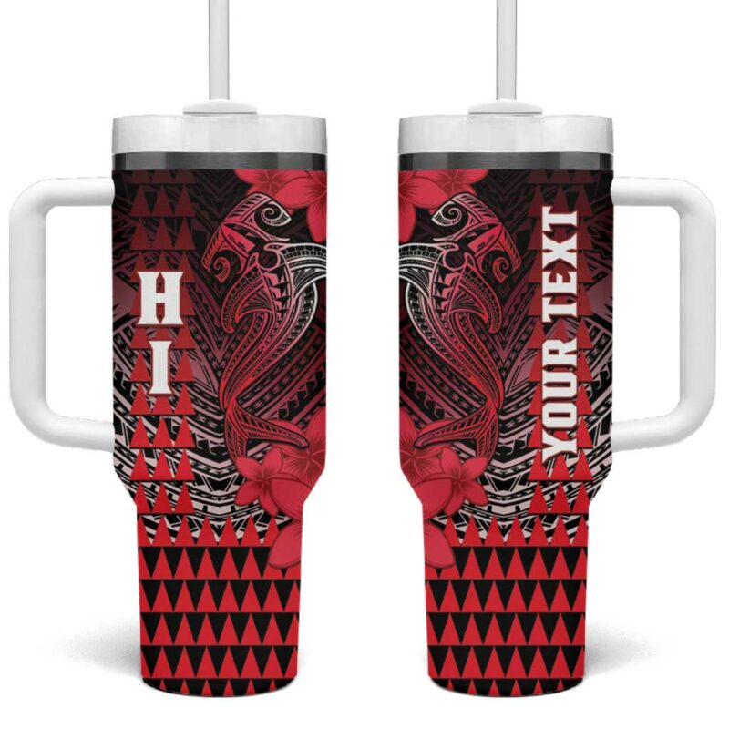Hawaii Hammerhead Shark Kakau Polynesian Tribal Red Custom Stanley Quencher 40oz Stainless Steel Tumbler With Handle - Threewoofs