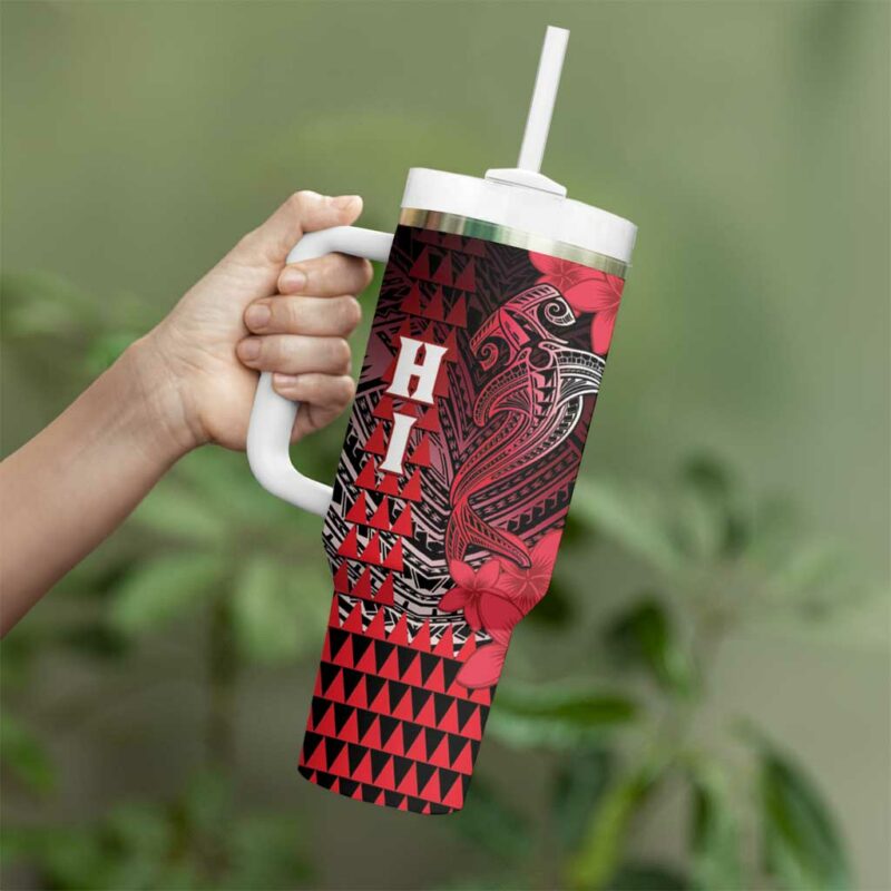 Hawaii Hammerhead Shark Kakau Polynesian Tribal Red Custom Stanley Quencher 40oz Stainless Steel Tumbler With Handle - Threewoofs - Image 3