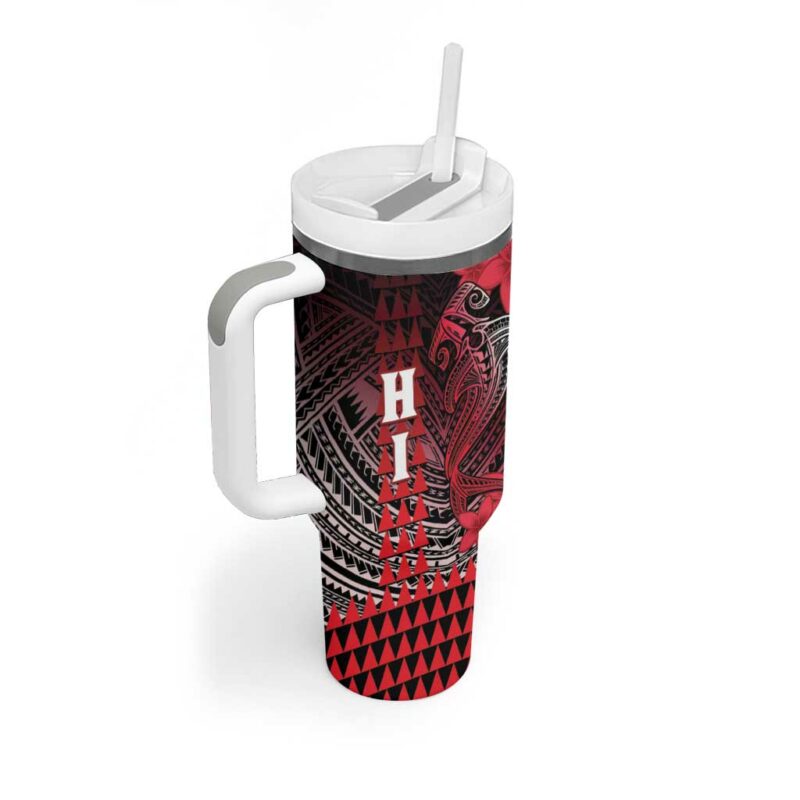 Hawaii Hammerhead Shark Kakau Polynesian Tribal Red Custom Stanley Quencher 40oz Stainless Steel Tumbler With Handle - Threewoofs - Image 2