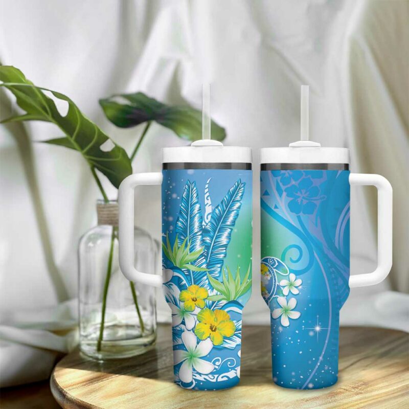 Hawaii Honu Tropical Flowers Blue Gradient Custom Stanley Quencher 40oz Stainless Steel Tumbler With Handle - Threewoofs - Image 9