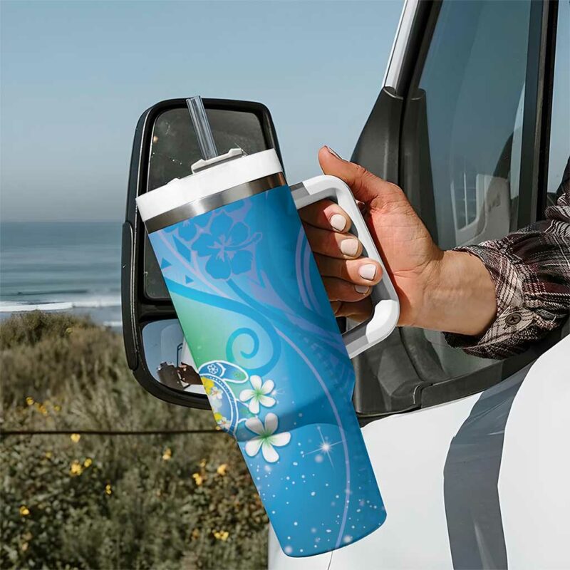 Hawaii Honu Tropical Flowers Blue Gradient Custom Stanley Quencher 40oz Stainless Steel Tumbler With Handle - Threewoofs - Image 7