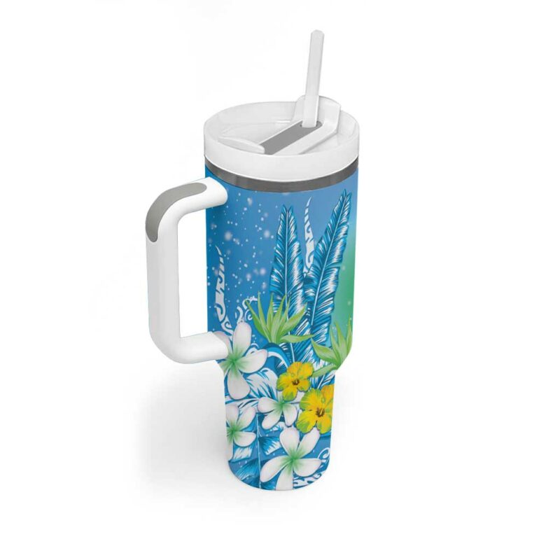 Hawaii Honu Tropical Flowers Blue Gradient Custom Stanley Quencher 40oz Stainless Steel Tumbler With Handle - Threewoofs - Image 2